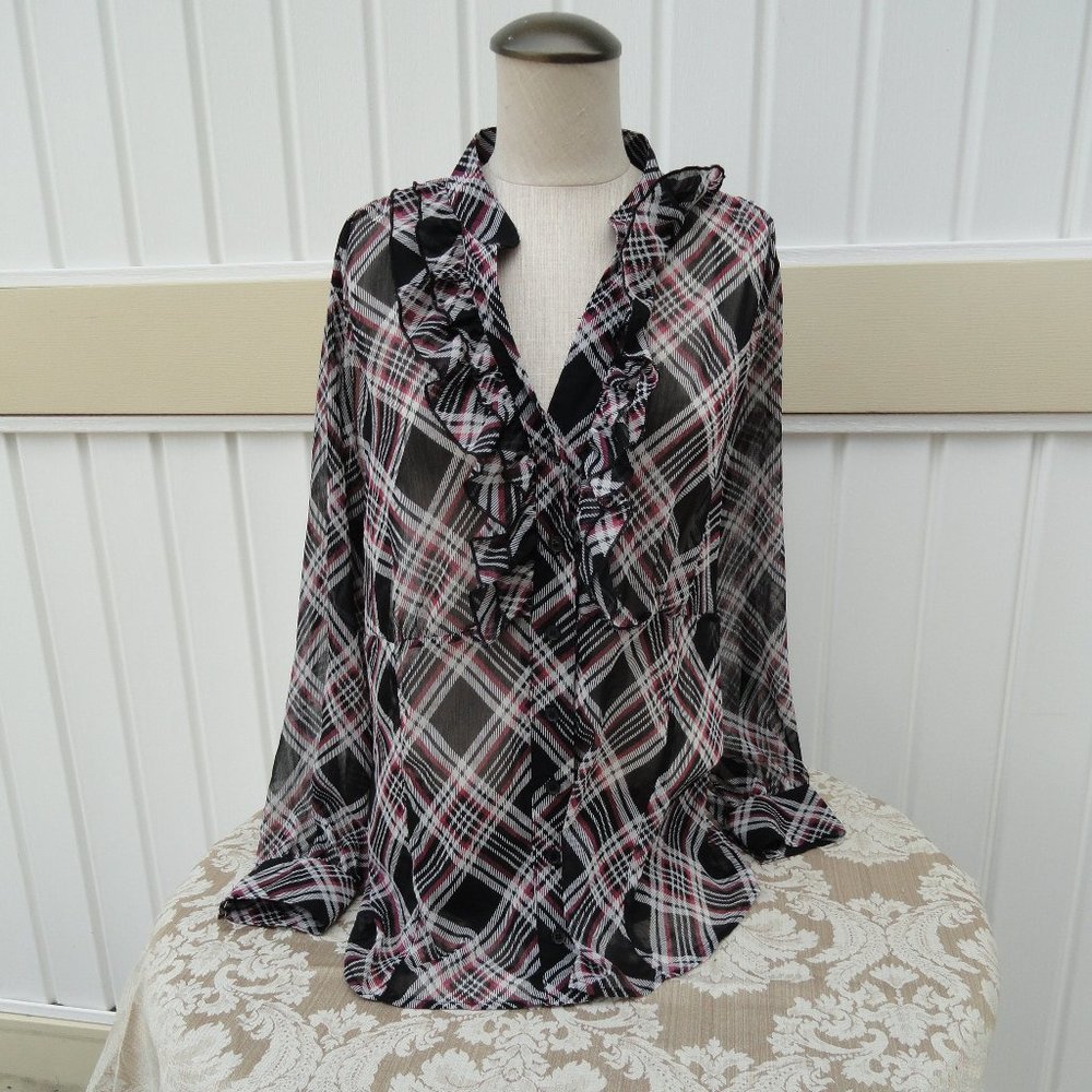 Lane Bryant Black Red Plaid Ruffled Blouse14/16
